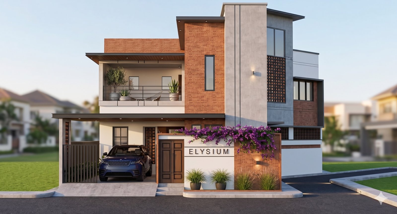 Elysium villa 3D front elevation by Mezmerix Builders Kerala